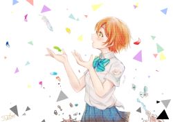 Rule 34 | 10s, 1girl, blood, bow, bowtie, collared shirt, cupping hands, feathers, from side, green eyes, hoshizora rin, lilylion26, love live!, love live! school idol project, open mouth, orange hair, own hands together, pleated skirt, scratches, shirt, short hair, short sleeves, skirt, solo, torn clothes, torn sleeves, triangle, water drop, white shirt