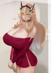 Rule 34 | 1girl, absurdres, blonde hair, blouse, breasts, choker, curvy, embarrassed, barghest (fate), fate/grand order, fate (series), green eyes, highres, horns, huge breasts, jewelry, kasumi saika, lips, long hair, looking at viewer, neck ring, red shirt, shirt, solo, thick thighs, thighs