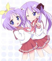 Rule 34 | 2girls, :d, blue eyes, blush, closed mouth, commentary request, dated, hairband, highres, hiiragi kagami, hiiragi tsukasa, long hair, long sleeves, looking at viewer, lucky star, multiple girls, one eye closed, open mouth, pleated skirt, purple hair, red sailor collar, red skirt, sailor collar, school uniform, serafuku, shirt, siblings, sisters, skirt, smile, tongue, yellow hairband, yuu2