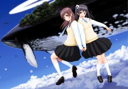 Rule 34 | 2girls, animal, bad id, bad pixiv id, black hair, blush, brown eyes, brown hair, cloud, day, floating, flying whale, holding hands, loafers, looking at viewer, multiple girls, nanahime, necktie, open mouth, original, purple eyes, school uniform, shoes, skirt, sky, smile, socks, sweater vest, twintails, whale, white legwear