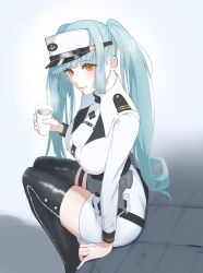 Rule 34 | 1girl, absurdres, belt, black belt, black footwear, blue hair, blush, boots, breasts, coffee, goddess of victory: nikke, hair between eyes, hat, highres, holster, holstered, large breasts, long hair, long sleeves, military, military hat, military uniform, peaked cap, privaty (nikke), runao noire, sidelocks, solo, teeth, thigh boots, thigh holster, twintails, uniform, upper teeth only, very long hair, white background, white hat, yellow eyes