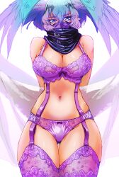 Rule 34 | 1girl, absurdres, alternate costume, bare shoulders, black scarf, blue eyes, blue hair, bra, breasts, commentary request, cowboy shot, digimon, digimon (creature), facial mark, garter straps, gerusyu, gluteal fold, hair between eyes, hair wings, highres, holding, holding towel, large breasts, lingerie, long hair, looking at viewer, mask, mouth mask, navel, ninja mask, panties, purple bra, purple panties, purple thighhighs, scarf, shutumon, sidelocks, simple background, skindentation, solo, standing, stomach, thigh gap, thighhighs, towel, underwear, white background