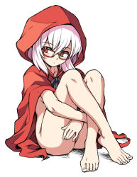 Rule 34 | 1girl, albino, ass, barefoot, blush, bottomless, character request, feet, glasses, hood, legs, oyatsu (mk2), red eyes, toes, white hair