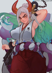 Rule 34 | 1girl, absurdres, aqua hair, arm at side, arm up, armpits, breasts, closed mouth, club, club (weapon), cowboy shot, cuffs, curled horns, earrings, floating hair, green hair, grey hair, hair ornament, hair stick, hakama, handcuffs, high ponytail, highres, horns, huge breasts, japanese clothes, jewelry, kanabou, kimono, light smile, lips, looking afar, multicolored hair, multicolored horns, one piece, orange horns, red horns, rope, shackles, shimenawa, sideboob, sisqueira, sleeveless, sleeveless kimono, solo, spiked club, twitter logo, v-shaped eyebrows, watermark, weapon, weapon on back, web address, yamato (one piece), yellow eyes