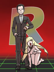 Rule 34 | 1boy, 1girl, all fours, barefoot, blonde hair, blunt bangs, blush, breasts, closed mouth, clothed male nude female, collar, commentary request, creatures (company), game freak, giovanni (pokemon), green eyes, habatakuhituji, hand in pocket, holding, holding leash, jacket, leash, logo, long hair, looking down, lusamine (pokemon), medium breasts, nintendo, nipples, nude, open mouth, pants, pet play, pokemon, pokemon usum, shirt, shoes, short hair, smile, team rainbow rocket, tongue