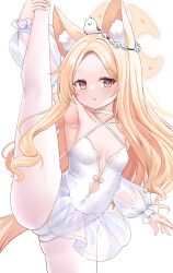 Rule 34 | 1girl, absurdres, animal ears, armpits, arms up, athletic leotard, ballerina, ballet, blonde hair, blue archive, breasts, cameltoe, cleavage cutout, clothing cutout, covered navel, flexible, fox ears, fox girl, fox tail, hair ornament, halo, highres, kurashina yuzuki, leotard, pantyhose, see-through, see-through skirt, seia (blue archive), simple background, skirt, small breasts, solo, split, standing, standing on one leg, standing split, tail, tutu, white pantyhose, yellow eyes