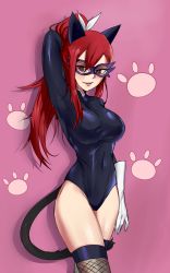 Rule 34 | &gt;:d, 1girl, :d, animal ears, arm behind head, arm up, armpits, black leotard, breasts, brown eyes, cat ears, cat tail, catsuit, covered navel, cowboy shot, domino mask, elbow gloves, erza scarlet, fairy tail, fairy woman, fake animal ears, fake tail, female focus, fishnet thighhighs, fishnets, from side, gloves, hair ribbon, high ponytail, highres, kemonomimi mode, large breasts, leotard, lipstick, long hair, long sleeves, makeup, mask, open mouth, paw print, pink background, ponytail, red hair, ribbon, ryairyai, shadow, sidelocks, simple background, smile, solo, standing, tail, taut clothes, thighhighs, turtleneck, v-shaped eyebrows, white gloves, white ribbon