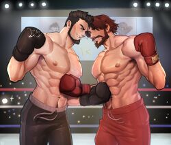 Rule 34 | 2boys, absurdres, bara, beard, black hair, boxing, boxing gloves, cassidy (overwatch), commission, cowboy shot, crowd, danny (felixnosi), dark-skinned male, dark skin, eye contact, facial hair, forehead-to-forehead, full beard, heads together, highres, large pectorals, leo (lionharrdt), looking at another, male focus, mature male, multiple boys, muscular, muscular male, navel hair, original, pectorals, short hair, smile, thick eyebrows, wrestler, wrestling ring