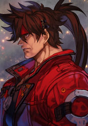 Rule 34 | 1boy, brown eyes, brown hair, from side, guilty gear, guilty gear strive, hair between eyes, headband, hungry clicker, jacket, long hair, looking to the side, male focus, muscular, muscular male, ponytail, red jacket, shaded face, sol badguy, upper body