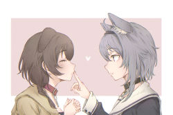 Rule 34 | animal ear fluff, animal ears, black collar, black shirt, braid, brown hair, cat ears, closed eyes, closed mouth, collar, commentary, dog ears, eyelashes, finger to another&#039;s mouth, from side, hajime wataru, heart, highres, hololive, index finger raised, inugami korone, inugami korone (1st costume), jacket, long sleeves, looking at another, medium hair, nekomata okayu, nekomata okayu (casual), own hands together, pink background, portrait, profile, puckered lips, purple eyes, purple hair, red collar, sailor collar, shirt, side braid, simple background, smile, virtual youtuber, white background, yellow jacket, yuri