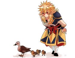 Rule 34 | 1boy, bandages, bird, blonde hair, duck, fairy tail, long hair, male focus, red eyes, simple background, solo, tai-yaki, tattoo, white background, zancrow