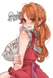 Rule 34 | 1girl, angry, asymmetrical hair, azuki sena, bare arms, bare shoulders, blush, breasts, clenched teeth, crossed arms, dirndl, dress, embarrassed, from behind, german clothes, highres, large breasts, long hair, looking at viewer, looking back, low twintails, nami (one piece), nami (one piece) (whole cake island), one piece, orange eyes, orange hair, red dress, shiny skin, sideboob, signature, simple background, single sidelock, sleeveless, swept bangs, teeth, torn clothes, twintails, upper body, white background