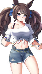 Rule 34 | 1girl, animal ears, belt, blue eyes, blue nails, blue ribbon, breasts, brown hair, cleavage, closed mouth, collarbone, commentary, cowboy shot, denim, denim shorts, ear ornament, frilled sleeves, frills, hair ribbon, highres, horse ears, horse girl, index fingers raised, jewelry, kakubou, large breasts, long hair, looking at viewer, midriff, multicolored nails, nail polish, navel, off-shoulder shirt, off shoulder, ribbon, ring, shirt, short shorts, shorts, sidelocks, simple background, single bare shoulder, smile, solo, standing, tied shirt, tosen jordan (umamusume), twintails, umamusume, white background, white shirt, yellow nails