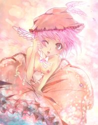 Rule 34 | 1girl, ;d, animal ears, bad id, bad pixiv id, bow, bowtie, breasts, brown dress, collar, dress, hat, highres, mystia lorelei, nipples, one eye closed, open mouth, pink hair, pink theme, short hair, smile, solo, topless, touhou, tryforse, wince, wind, wings, wink