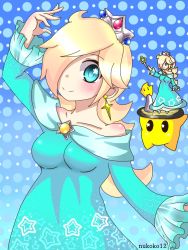 Rule 34 | 1girl, amiibo, aqua eyes, arm up, artist request, bare shoulders, blonde hair, blue background, blush, blush stickers, breasts, carrying, crown, dress, earrings, female focus, gradient background, hair over one eye, jewelry, long dress, long hair, looking at viewer, luma (mario), mario (series), nintendo, polka dot, polka dot background, rosalina, shiny skin, signature, smile, star-shaped pupils, star (symbol), star print, super mario galaxy, super smash bros., symbol-shaped pupils
