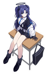 Rule 34 | 1girl, absurdres, belt, black gloves, black skirt, blue archive, blue eyes, blue necktie, breasts, collared shirt, desk, gloves, half gloves, halo, highres, jacket, long hair, medium breasts, miniskirt, necktie, off shoulder, on desk, open clothes, open jacket, parted bangs, pleated skirt, purple eyes, purple hair, puto (put to ), school desk, shirt, sidelocks, sitting, on desk, skirt, solo, two-sided fabric, two-sided jacket, two side up, white belt, white shirt, yuuka (blue archive)