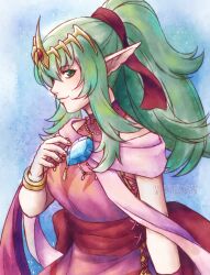 Rule 34 | 1girl, adricarra, artist name, bracelet, closed mouth, commentary, cosplay, dragonstone, dress, fingernails, fire emblem, fire emblem: mystery of the emblem, fire emblem awakening, fire emblem heroes, gem, green eyes, green hair, hair ornament, hair ribbon, jewelry, long hair, looking at viewer, nintendo, official alternate costume, pink dress, pointy ears, ponytail, red ribbon, ribbon, sash, sidelocks, sleeveless, sleeveless dress, smile, solo, tiara, tiki (adult) (fire emblem), tiki (fire emblem), tiki (young) (fire emblem), tiki (young) (fire emblem) (cosplay), very long hair