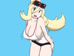 Rule 34 | 1girl, absurdres, blonde hair, blue background, breasts, cleavage, creatures (company), downzekd, exhibitionism, game freak, gym leader, highres, huge breasts, korrina (pokemon), long hair, motion lines, nintendo, no bra, pokemon, pokemon (anime), pokemon xy, ponytail, public indecency, simple background, smile, solo, tagme, very long hair