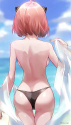 Rule 34 | 1girl, ahoge, anya (spy x family), ass, back, back focus, backboob, bare back, bikini, bikini bottom only, blue sky, blurry, blurry background, breasts, butt crack, chinese commentary, cloud, commentary request, cowboy shot, day, facing away, female focus, from behind, hair ornament, highres, medium breasts, mumu mago, ocean, aged up, outdoors, pink hair, sky, solo, spy x family, standing, swimsuit, thighs, topless, upper body, water