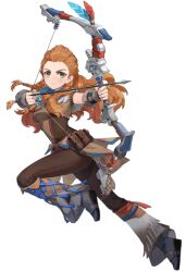 Rule 34 | 1girl, aloy (horizon), bow, bow (weapon), braid, female focus, genshin impact, green eyes, holding, holding weapon, horizon (video game), horizon zero dawn, long hair, looking at viewer, official art, orange hair, pants, tachi-e, transparent background, weapon