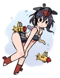 Rule 34 | 1girl, bare arms, bare legs, black hair, blush, breastless clothes, bubble, commentary request, framed breasts, i-13 (kancolle), kantai collection, knees together feet apart, looking at viewer, necktie, short hair, solid circle eyes, submarine, submarine 707r, swimsuit, swimsuit under clothes, terrajin, watercraft
