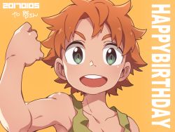 Rule 34 | 1boy, 2017, arm up, clenched hand, dated, gundam, gundam tekketsu no orphans, happy birthday, male focus, orange hair, ride mass, short hair, simple background, smile, solo, tank top, upper body, wool bl, yellow background