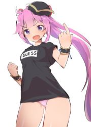 Rule 34 | 1girl, bracelet, breasts, caburi, female focus, hat, highres, jewelry, long hair, no pants, oda nobuhime, oda nobuhime (channel), open mouth, panties, pink hair, pink panties, ponytail, purple eyes, shirt, simple background, solo, t-shirt, thighs, underwear, virtual youtuber, white background