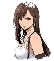 Rule 34 | 1990s (style), 1girl, asymmetrical bangs, breasts, brown eyes, brown hair, cleavage, collarbone, earrings, enami katsumi, final fantasy, final fantasy vii, from side, jewelry, long hair, looking at viewer, medium breasts, parted lips, retro artstyle, shirt, simple background, sketch, solo, suspenders, tifa lockhart, white background, white shirt