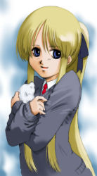 Rule 34 | 1girl, animal, blonde hair, blue eyes, kyoutarou, long hair, original, ponytail, school uniform, serafuku, solo, suzuki kyoutarou