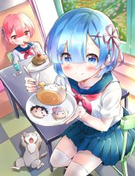 Rule 34 | 10s, 2girls, animal, bendy straw, blouse, blue eyes, blue hair, blue sailor collar, blue skirt, blush, cake, cat, chair, checkered floor, closed mouth, commentary request, contemporary, cup, day, drink, drinking glass, drinking straw, eating, emilia (re:zero), feeding, food, hair between eyes, hair ornament, hair ribbon, hairclip, highres, holding, holding plate, holding spoon, ice, ice cube, incoming food, indoors, melings (aot2846), multiple girls, natsuki subaru, neckerchief, plate, pleated skirt, pov feeding, puck (re:zero), purple ribbon, ram (re:zero), re:zero kara hajimeru isekai seikatsu, red eyes, red hair, red neckerchief, rem (re:zero), ribbon, sailor collar, school uniform, serafuku, shirt, short hair, short sleeves, siblings, sisters, skirt, smile, sparkle, spoon, swiss roll, table, thighhighs, twins, white legwear, white shirt, x hair ornament