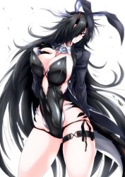 Rule 34 | 1girl, animal ears, bare legs, between breasts, black hair, black leotard, breasts, claws, cleavage, detached sleeves, dragon girl, dragon horns, dragon tail, fake animal ears, g (genesis1556), hair over one eye, hand on own chest, highres, horns, jewelry, large breasts, leg strap, leotard, long hair, looking at viewer, mia (g (genesis1556)), monster girl, navel, open mouth, original, pendant, playboy bunny, rabbit ears, red eyes, simple background, solo, standing, tail, thigh strap, thighs, very long hair, white background