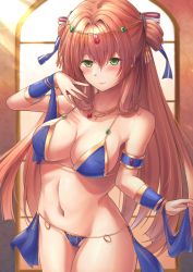 Rule 34 | 1girl, alternate costume, arm up, bare shoulders, belly dancing, bikini, blue bikini, blush, breasts, cleavage, closed mouth, collarbone, dancer, feet out of frame, girls&#039; frontline, green eyes, hair ornament, hair ribbon, highres, jewelry, lips, long hair, looking at viewer, medium breasts, navel, necklace, orange hair, ribbon, smile, solo, springfield (girls&#039; frontline), standing, stomach, swimsuit, xlscaler