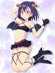 Rule 34 | 10s, 1girl, armpits, black hair, blush, breasts, demon, demon girl, demon horns, gabriel dropout, groin, horns, midriff, navel, panties, purple eyes, sayashi (type5 labyrith), skirt, small breasts, solo, striped clothes, striped panties, underwear, upskirt, vignette tsukinose april, wings