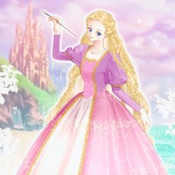Rule 34 | 1girl, absurdly long hair, arm up, barbie (character), barbie (franchise), barbie as rapunzel, barbie movies, beach, blonde hair, blue eyes, braid, bug, building, butterfly, castle, cliff, cloud, dress, formal, glowing, gold trim, gown, highres, holding, holding paintbrush, insect, jewelry, juliet sleeves, landscape, long dress, long hair, long sleeves, magic, medieval, multicolored clothes, multicolored dress, multiple braids, necklace, ocean, okitafuji, outdoors, paintbrush, pink dress, pink skirt, princess, puffy sleeves, purple dress, purple sky, rapunzel (barbie), rapunzel (grimm), renaissance, sand, skirt, sky, smile, solo, sparkle, square neckline, very long hair