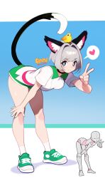 Rule 34 | 1girl, animal, animal ears, animal on head, bent over, bird, bird on head, black choker, blue eyes, breasts, cat ears, cat girl, cat tail, choker, commentary, english commentary, full body, green skirt, grey hair, hair intakes, hand on own knee, heart, highres, medium breasts, microskirt, on head, original, reference inset, shoes, skirt, sneakers, solo, spoken heart, swolefin, tail, v