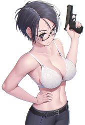 Rule 34 | 1girl, absurdres, bare shoulders, belt, black-framed eyewear, black hair, bra, breasts, brown eyes, cleavage, closed mouth, collarbone, cowboy shot, forehead, from above, frown, glasses, glock, gun, hand on own hip, handgun, highres, himeliofon, lace, lace bra, large breasts, looking at viewer, navel, original, pants, parted bangs, parted hair, short hair, simple background, solo, strap gap, trigger discipline, underwear, upturned eyes, weapon, white background, white bra