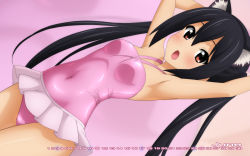 Rule 34 | 1girl, armpits, arms behind head, black hair, blush, breasts, brown eyes, calendar, casual one-piece swimsuit, collarbone, covered navel, cowboy shot, highres, june, k-on!, long hair, looking at viewer, nakano azusa, one-piece swimsuit, open mouth, pink one-piece swimsuit, shiny clothes, sideways, sitting, small breasts, solo, stomach, sugimura tomokazu, swimsuit, twintails, wallpaper, wariza