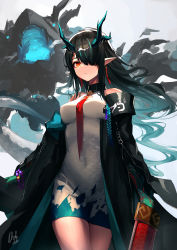 Rule 34 | 1girl, absurdres, arknights, bare shoulders, black hair, black jacket, breasts, cowboy shot, dhokidoki, dragon horns, dress, dusk (arknights), earrings, hair over one eye, highres, holding, holding sword, holding weapon, horns, jacket, jewelry, long hair, long sleeves, looking at viewer, medium breasts, multicolored hair, necktie, off shoulder, open clothes, pointy ears, red eyes, red necktie, simple background, sleeveless, slit pupils, solo, sword, tail, thighs, weapon, white dress