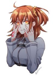 Rule 34 | 1girl, ahoge, bad id, bad pixiv id, fate/grand order, fate (series), fujimaru ritsuka (female), hair ornament, hair scrunchie, hand on own cheek, hand on own face, long sleeves, looking at viewer, orange hair, orii (orii i), scrunchie, short hair, side ponytail, simple background, solo, tattoo, twitter username, white background, yellow eyes