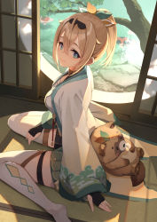 Rule 34 | 1girl, black gloves, blonde hair, blue eyes, cowengium, crossed bangs, fingerless gloves, gloves, hair between eyes, hair ornament, highres, hololive, indoors, japanese clothes, kazama iroha, kimono, leaf hair ornament, looking at viewer, on floor, pokobee, ponytail, short kimono, sidelocks, sitting, smile, solo, stuffed animal, stuffed toy, teddy bear, thigh strap, thighhighs, thighs, virtual youtuber, wariza, white thighhighs, wide sleeves
