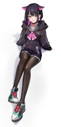Rule 34 | 1girl, absurdres, black hair, black jacket, blue archive, blush, choker, green footwear, highres, hiiragi mikoto, jacket, kazusa (blue archive), long sleeves, looking at viewer, multicolored hair, necktie, on floor, open mouth, pantyhose, pink eyes, pink hair, shoes, short hair, simple background, sitting, socks, solo, thighhighs, two-tone hair, white background