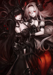 Rule 34 | 10s, 2girls, abyssal ship, air defense princess, bare shoulders, black bow, black gloves, black hair, bow, grabbing another&#039;s breast, breasts, chain, choker, claws, cleavage, colored skin, crossed bangs, gloves, gothic lolita, grabbing, gradient background, hair bow, hairband, highres, horns, infukun, kantai collection, large breasts, lolita fashion, long hair, looking at viewer, multiple girls, navel, open mouth, red eyes, seaplane tender princess, smile, very long hair, white hair, white skin, wrist cuffs