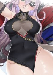 Rule 34 | 1girl, armpits, azur lane, bare shoulders, black dress, black gloves, blush, breasts, china dress, chinese clothes, cleavage, cleavage cutout, clothing cutout, covered navel, crossed bangs, dress, elbow gloves, eyepatch, gloves, green eyes, hair between eyes, large breasts, long hair, looking at viewer, official alternate costume, one eye covered, ootani nonno, parted lips, purple hair, scharnhorst (azur lane), scharnhorst (panther und pflaume) (azur lane), sleeveless, sleeveless dress, smile, solo