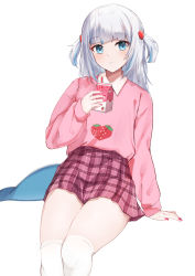 Rule 34 | 1girl, bad id, bad twitter id, blue eyes, blue hair, commentary, english commentary, fins, fish tail, food-themed hair ornament, food print, gawr gura, grey hair, hair ornament, highres, hololive, hololive english, long sleeves, looking at viewer, medium hair, milk carton, multicolored hair, nail polish, pink skirt, pink sweater, plaid, plaid skirt, red nails, shark tail, shuuzo3, simple background, sitting, skirt, solo, strawberry hair ornament, strawberry milk, strawberry print, streaked hair, sweater, tail, thighhighs, two side up, virtual youtuber, white background, white thighhighs
