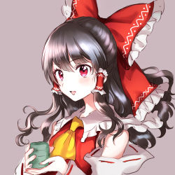 Rule 34 | 1girl, :d, ascot, bad id, bad pixiv id, bare shoulders, black hair, blush, bow, commentary request, cup, detached sleeves, frilled bow, frilled shirt collar, frills, grey background, hair between eyes, hair bow, hair tubes, hakurei reimu, holding, holding cup, long hair, looking at viewer, open mouth, pink eyes, red bow, ribbon-trimmed sleeves, ribbon trim, rosette (roze-ko), sidelocks, simple background, smile, solo, touhou, upper body, yellow ascot