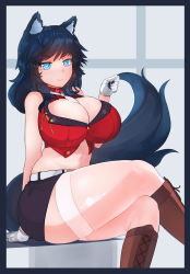 Rule 34 | 1girl, animal ears, belt, black hair, blue eyes, blush, boots, breasts, cleavage, collar, cross-laced footwear, ehrrr, eyelashes, gloves, heart, heart-shaped pupils, highres, knee boots, lace-up boots, large breasts, long hair, looking at viewer, midriff, miniskirt, mole, mole under eye, navel, original, see-through, see-through legwear, sitting, skirt, smile, solo, symbol-shaped pupils, tail, thick thighs, thighhighs, thighs, tsurime, white gloves, white thighhighs, wolf ears, wolf tail