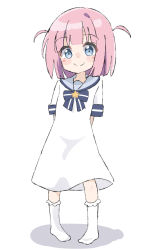 Rule 34 | 1girl, absurdres, arms behind back, black bow, blue eyes, blush stickers, bocchi the rock!, bow, closed mouth, commentary request, dress, gotoh futari, grey sailor collar, highres, kapuru 0410, looking at viewer, no shoes, pigeon-toed, pink hair, sailor collar, sailor dress, shadow, short sleeves, simple background, smile, socks, solo, standing, star (symbol), striped, striped bow, two side up, white background, white dress, white socks