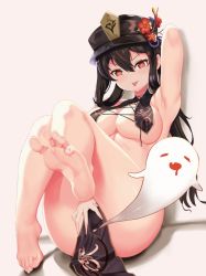 Rule 34 | 1girl, adapted costume, alternate breast size, armpits, barefoot, black hair, breasts, cocoyoz, feet, foot focus, foreshortening, genshin impact, greek toe, hair between eyes, hat, hu tao (genshin impact), long hair, looking at viewer, pelvic curtain, pink background, red eyes, soles, solo, symbol-shaped pupils, thighs, toenails, toes, tongue, tongue out