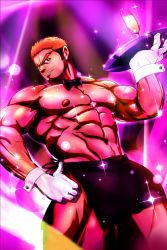 Rule 34 | 1boy, abs, bara, beard, biceps, black hair, bow, bowtie, doro rich, drink, facial hair, gloves, gyee, hand on own hip, highres, holding, holding plate, large pectorals, looking at viewer, male focus, manly, mature male, multicolored hair, muscular, muscular male, navel hair, nipples, no shirt, orange hair, pectorals, plate, rand (gyee), skirt, smirk, solo, sparkle, stage, stage lights, teeth, thick arms, thick eyebrows, thick thighs, thighs, undercut, veins, veiny arms