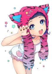 Rule 34 | 1girl, animal hat, bad id, bad tumblr id, blue eyes, blue hair, blush, breasts, cat hat, fangs, frilled swimsuit, frills, hat, highres, leaning forward, matching hair/eyes, megumoke, nail art, nail polish, one-piece swimsuit, original, paw pose, short hair, small breasts, solo, swimsuit